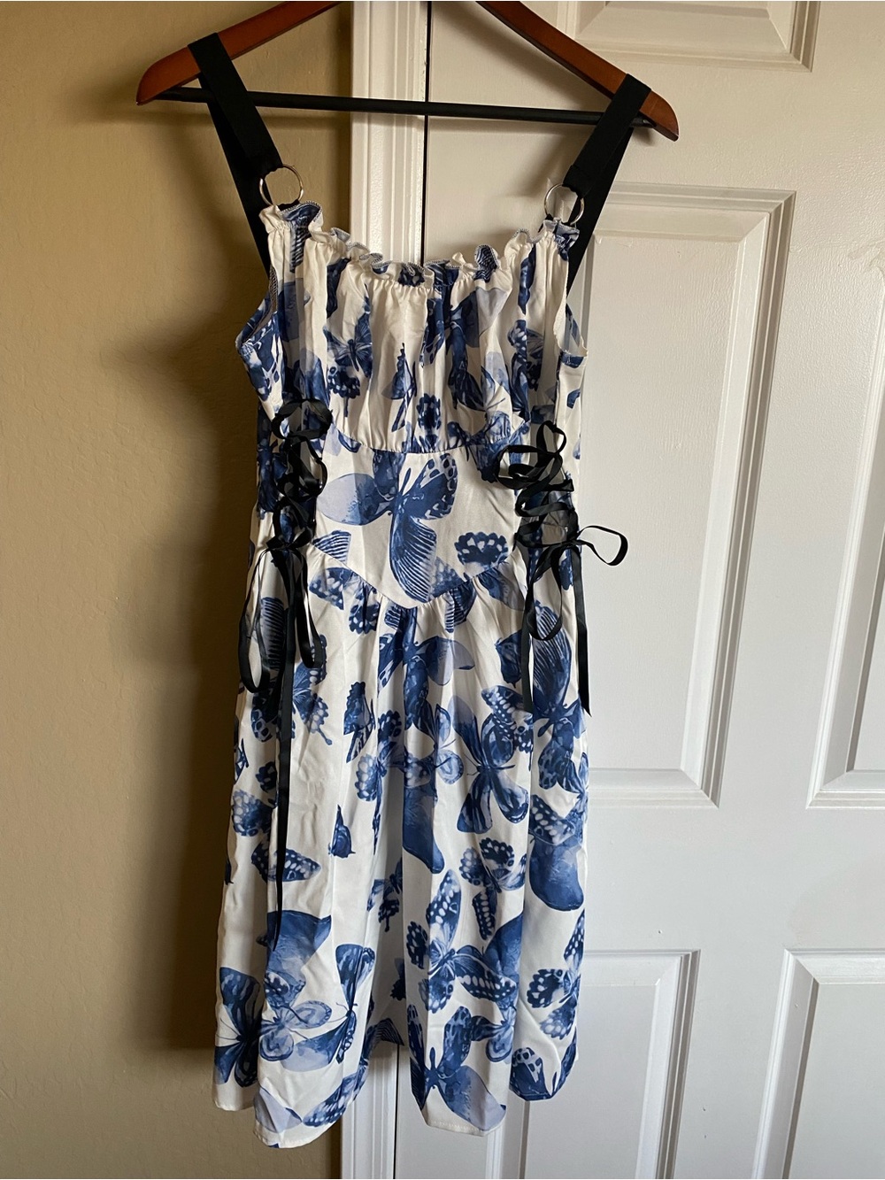 Blue Butterfly Corset Lace Up Fit & Flare Dress L Y2K Fairy Grunge